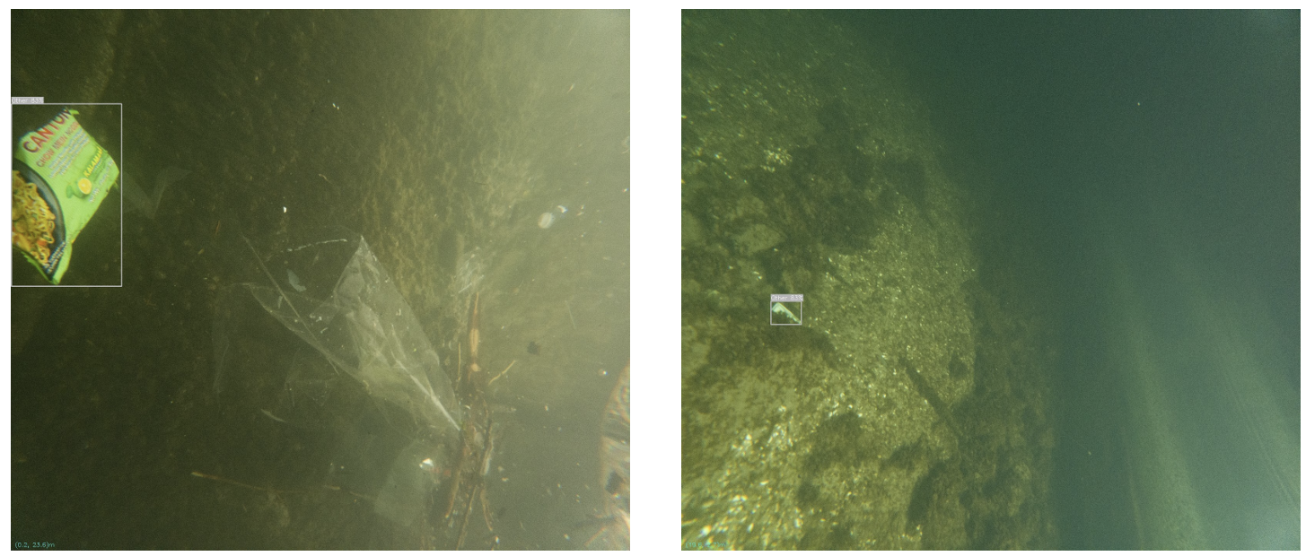 Two underwater frames with bounding boxes: packaging debris in turbid water, and a small distant detection near the basin floor.