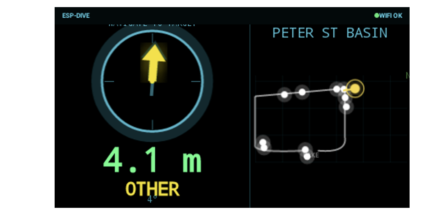 Head-up display through the Vuzix Smart Swim lens: a compass arrow, a 4.1 m range readout, the class label OTHER, and a small basin map.