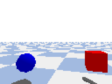 Animated onboard camera view: a red cube and a blue sphere drifting across a checkered floor