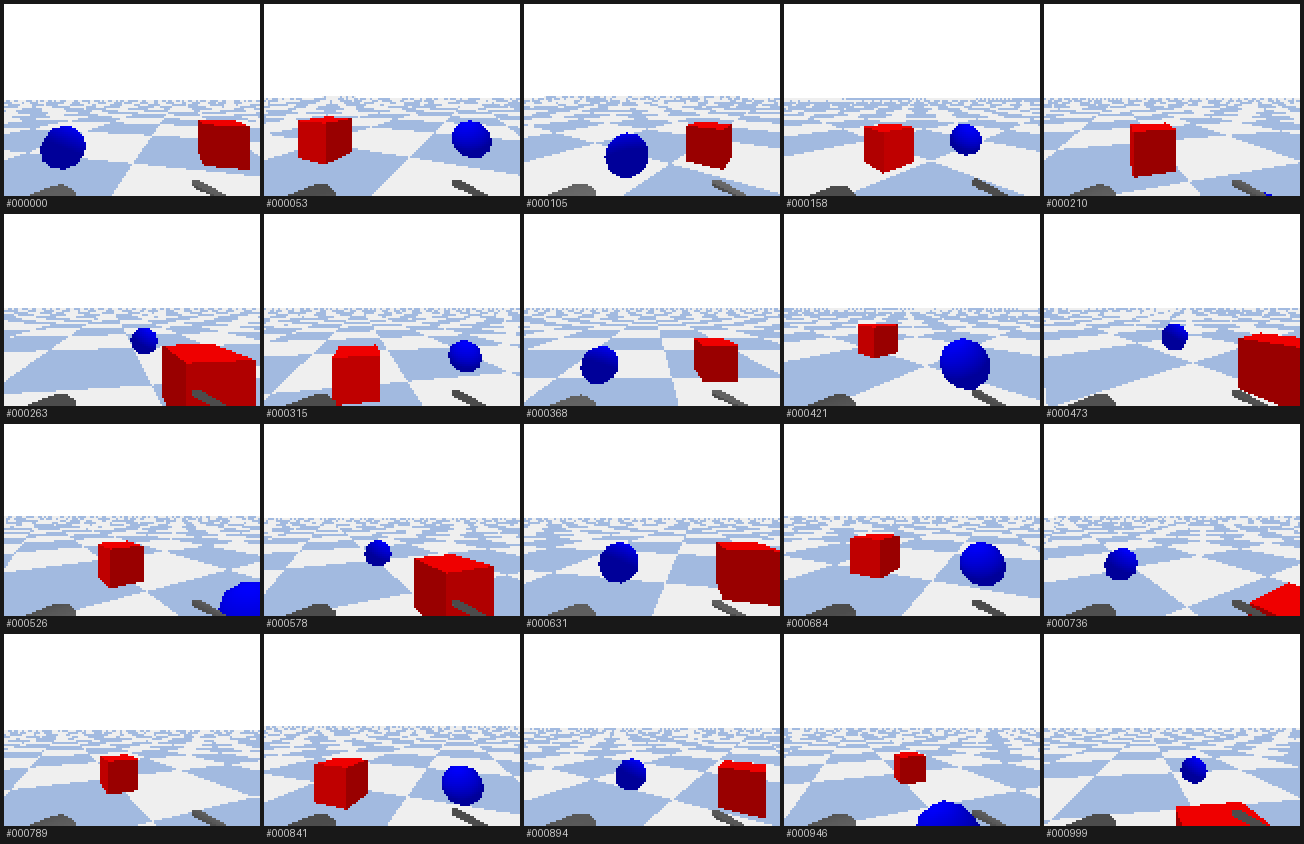 Twenty recorded frames in a grid, each showing a red cube and a blue sphere on a checkered floor