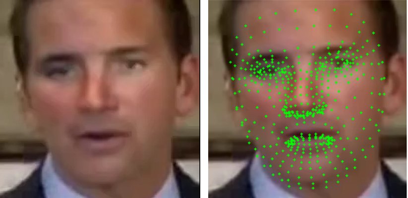 A cropped face and the same face with MediaPipe landmarks drawn as green points