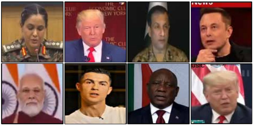 Grid of eight audio-visual deepfake samples collected from social media