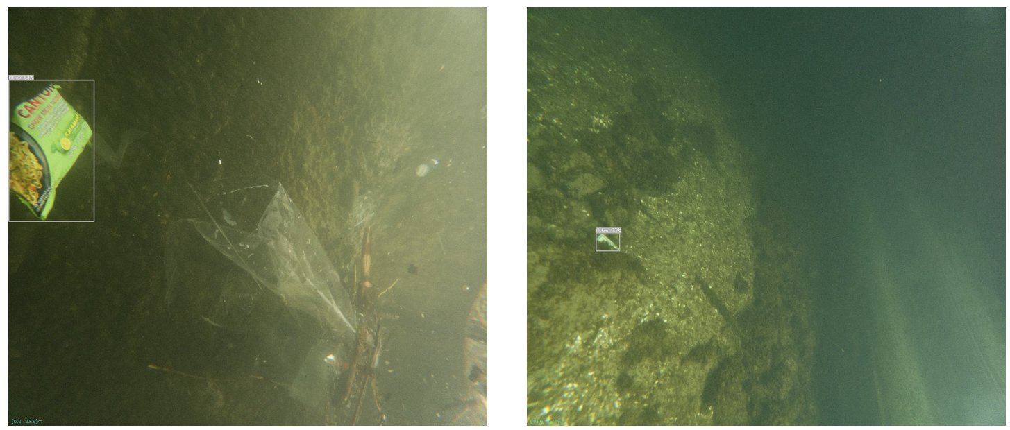 Two underwater frames with debris detections: packaging under turbid light and a small distant object near the basin floor